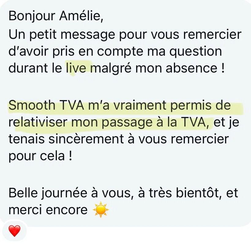 Message d'une cliente qui a relativisé son passage à la TVA