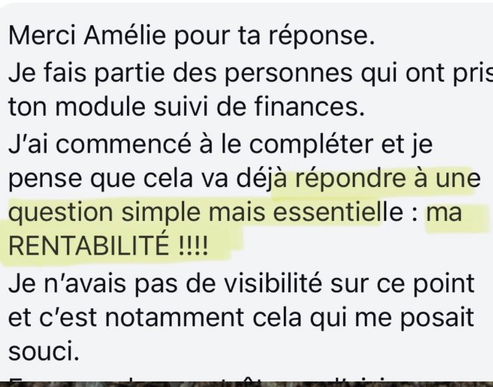 Message d'une cliente Suivi Finances sur sa rentabilité